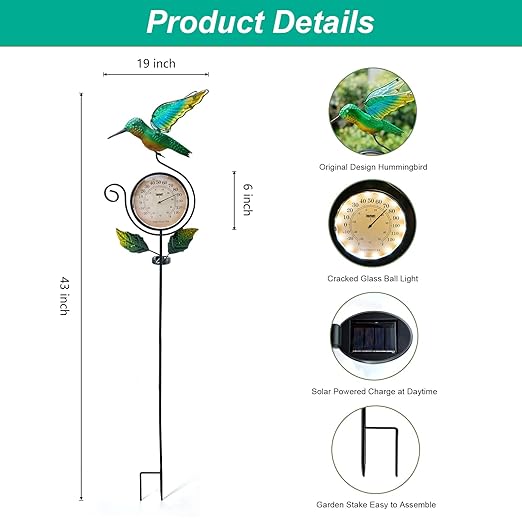 HONGLAND Outdoor Thermometer with Solar & Warm LED Lights, Metal Hummingbird Temperature Stake for Garden, Lawn, Patio, Waterproof Yard Decor