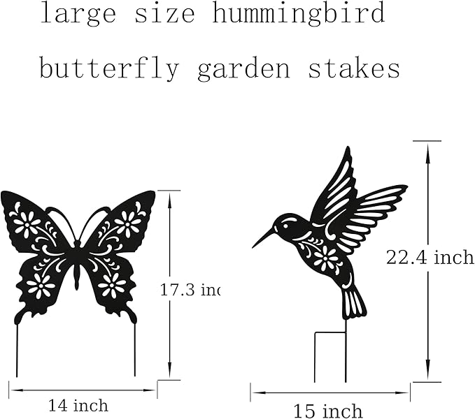 Metal Large Size 20inch Hummingbird Butterfly Decorative Garden Stakes, Black Butterfly Hummingbird Outdoor Decor Silhouette Yard Stake, Outdoor Decorations for Lawn Garden Yard Patio Fall