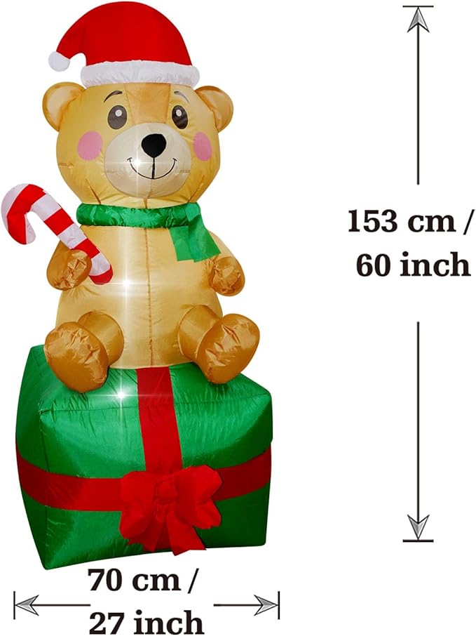Christmas Inflatables Bear on Gift Box Lighted Yard Lawn Inflatable Decoration with Built-in Fan and Stakes Ropes Holiday Party Decor, Christmas Decor (5FT- Bear on Giftbox)