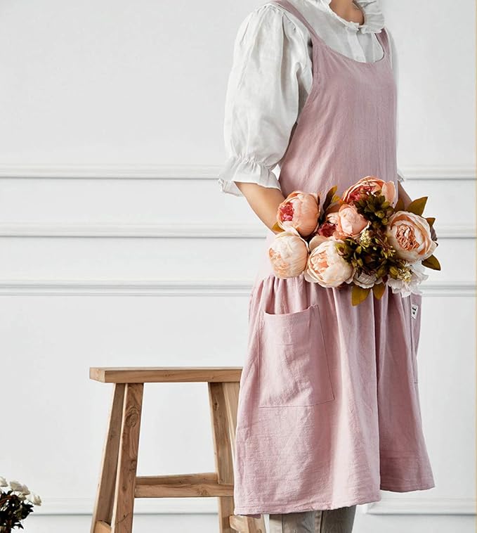 NEWGEM Cotton Linen Cross Back Apron for Women with Pockets for Baking Painting Pink with Waist Ties