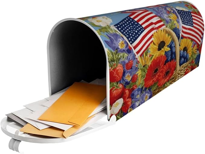4th of July American Flag Floral Mailbox Covers Magnetic Letterbox Covers 21x18 Inch for Garden Outdoor Decoration