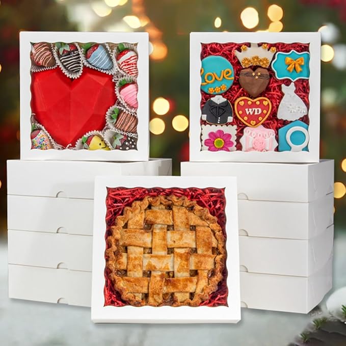 RomanticBaking 24pcs 10x10x2.5 Inches White Pie Boxes with Window - Perfect for Cookies, Chocolate Covered Strawberries, Cakesicles & More