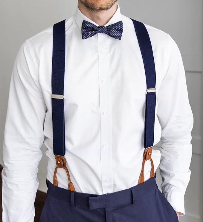 UPSONG Mens Suspenders，Brown Leather Button Tab and Clip Braces Heavy Duty Suspender Wedding Suspenders for Groom Groomsmen