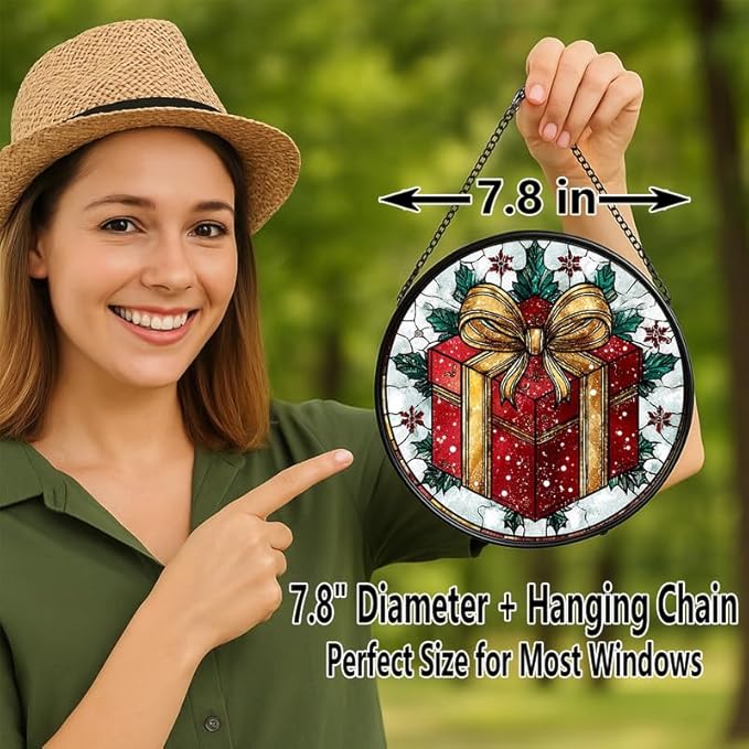 Stained Glass Window Hanging – 7.8 in Box Panel with Chain， Bathroom Front Door Living Room Garden Decor， Holiday Present Gift for Mom Wife Lovers