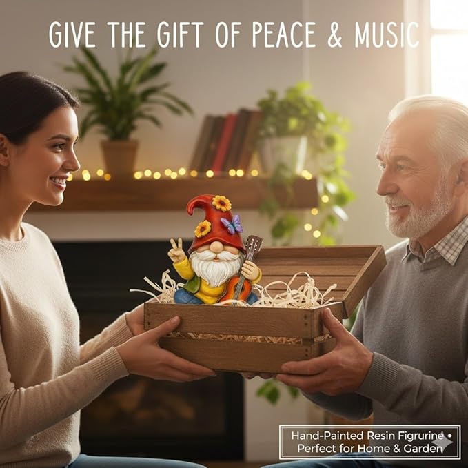Peace Sign Garden Gnome Figurine Outdoor Statue, Funny Guitar Playing Dwarf Rock Music Decor - 6‘’ Resin Lawn Ornament, Unique Housewarming Gift for Music Lovers & Gardeners (Red)