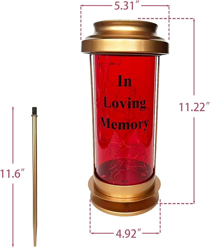Gold Metal & Red Acrylic Outdoor Solar Candle Holders, Decorative Candle Lanterns with Long Ground Stake, Fall Solar Lights Outdoor Cemetery Lights for Grave, Grave Decorations for Cemetery