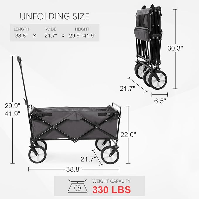 PayLessHere | Collapsible Wagon Cart with Wheels | Gray | Heavy Duty Foldable Utility Cart with 330 lb Capacity | with All-Terrain Wheels & Adjustable Handle for Outdoor, Garden, Beach, Shopping