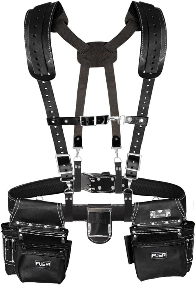 FUERI Leather Tool Belt With Suspenders Heavy Duty Bags Tool Pouches For Men Carpenters Construction Electricians Framers Womenn Workers