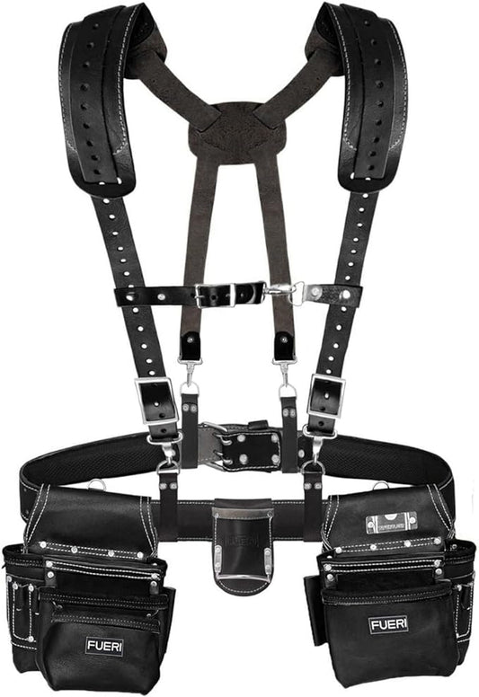 FUERI Leather Tool Belt With Suspenders Heavy Duty Bags Tool Pouches For Men Carpenters Construction Electricians Framers Womenn Workers