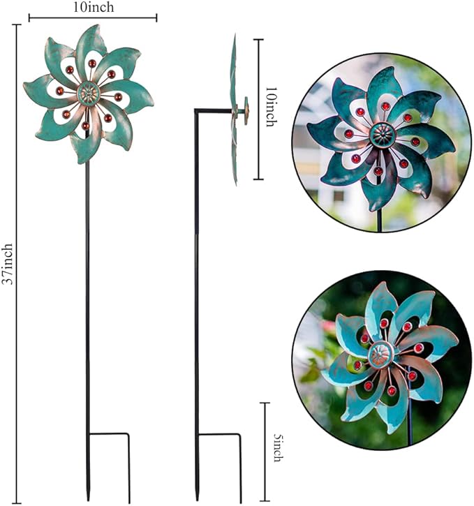VEWOGARDEN Single-Blade Wind Spinner, Outdoor Metal Wind Spinner with Floral Design for Yard, Garden, Lawn Decor, 10 Inch, 2 Pack