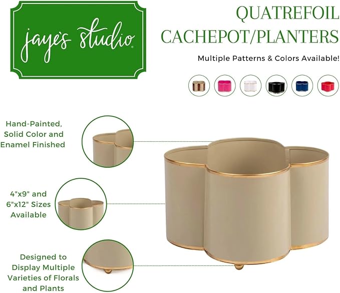 Jaye's Studio Mattie Decorative Quatrefoil Cachepot Planter Gold Flower Pot, Light Blue Pots for Plants Indoor, Gold Trim, Metal Planter for Home, Office, Kitchen, Bedroom, Tabletop Decor, Home Gift