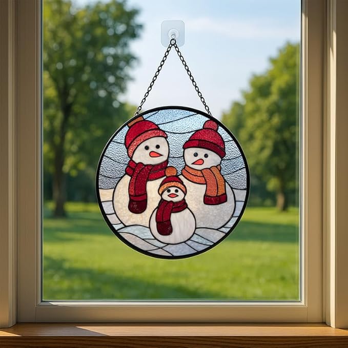 Stained Glass Window Hanging – 6.3 in Snowman Family Panel with Chain， Bathroom Front Door Living Room Garden Winter Holiday Decor， Gift for Mom Wife Lovers