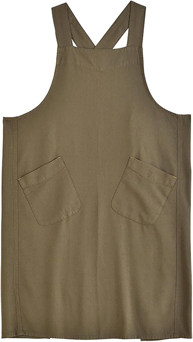 Cotton Linen Apron Cross Back Japanese Smock for Women Cooking With Pockets Pinafore Dress Kitchen Baking Gardening