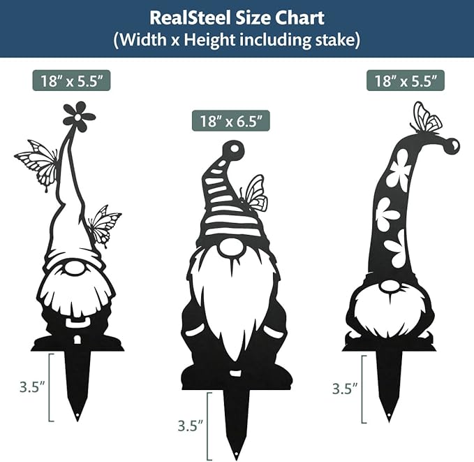 RealSteel Garden Gnomes - Whimsical Metal Yard Stakes - 3 Pack Outdoor Lawn Ornaments with Butterfly Hats - Garden Decorations