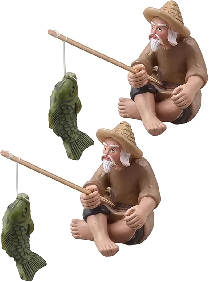 2Pcs Miniature Fisherman Figurine, Chinese Mudman Sitting Garden Statue, Outdoor Ornament Decor