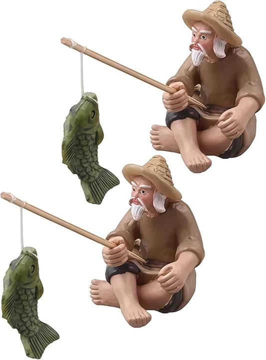 2Pcs Miniature Fisherman Figurine, Chinese Mudman Sitting Garden Statue, Outdoor Ornament Decor