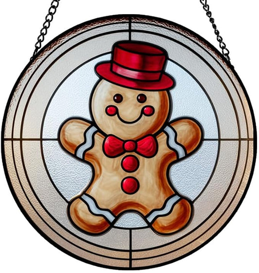 Stained Glass Window Hanging – 9.8 in Gingerbread Man Panel with Chain， Bathroom Front Door Living Room Garden Decor for Mom Wife Lovers