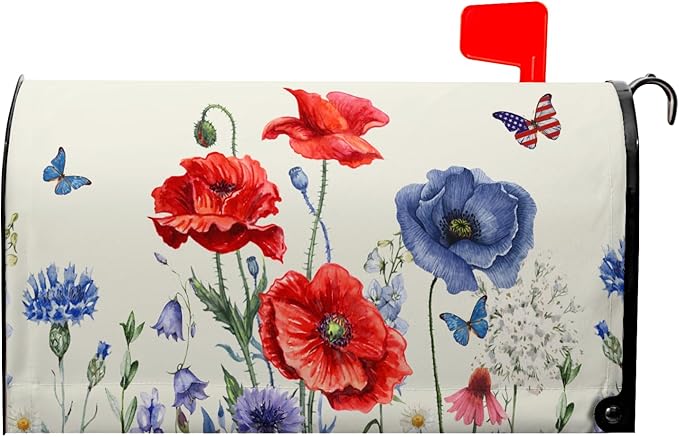 Red Blue Floral Mailbox Covers 4th of July Mail Box Covers Magnetic Standard Size 21x18 inch Patriotic Butterfly Flower Post Letter Box Cover Wrap Decorative Mailboxes for Outside Garden