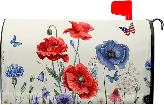 Red Blue Floral Mailbox Covers 4th of July Mail Box Covers Magnetic Standard Size 21x18 inch Patriotic Butterfly Flower Post Letter Box Cover Wrap Decorative Mailboxes for Outside Garden