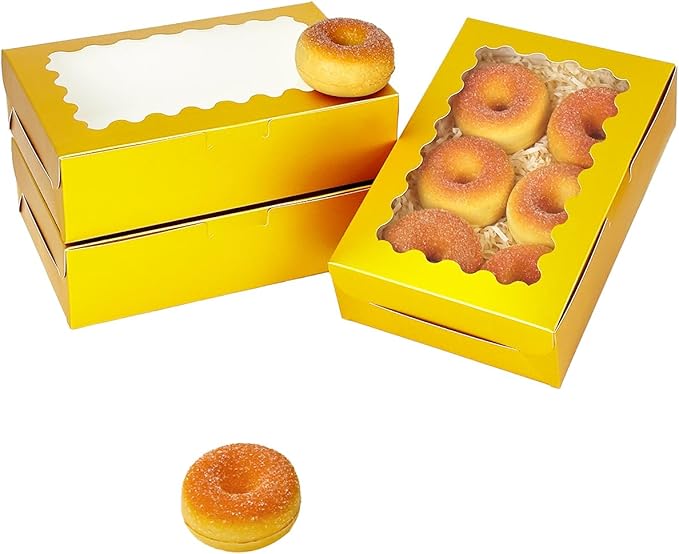 qiqee 50Pcs Gold Cookie Box with Window 9x6x2.5 inch Pastry Macaron Bakery Box For Packaging
