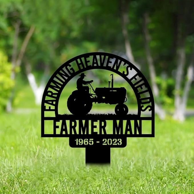 Custom Farming Fields Memorial Metal Stake – Personalized Farmer Tribute, Grave Marker, Tractor Yard Art, Sympathy Gift (Farming Memorial)