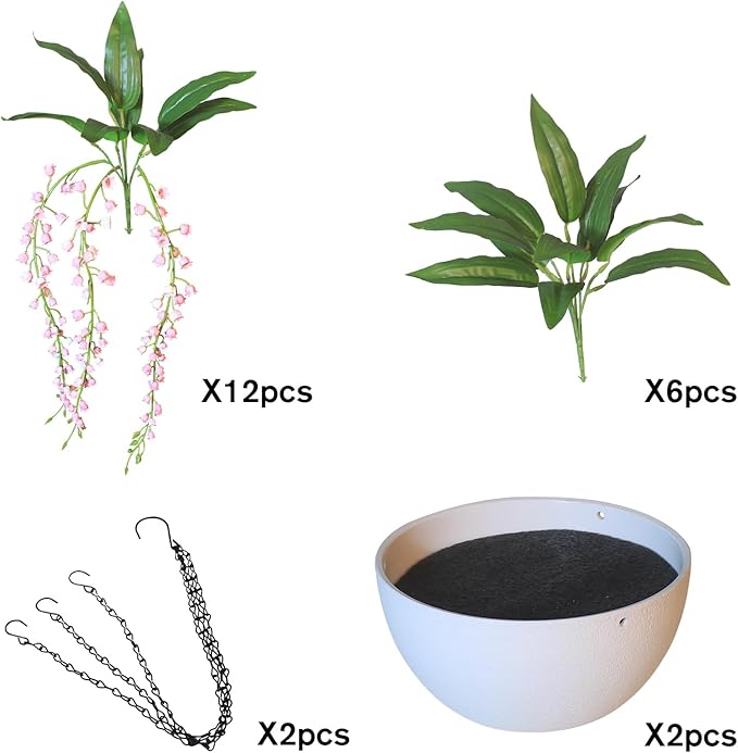 alyptus Hanging Planters for Indoor Plants Fake Flowers - 2-Pack Artificial Hanging Lily of The Valley with Pot - White Faux Flowers in Planters for Indoor Décor