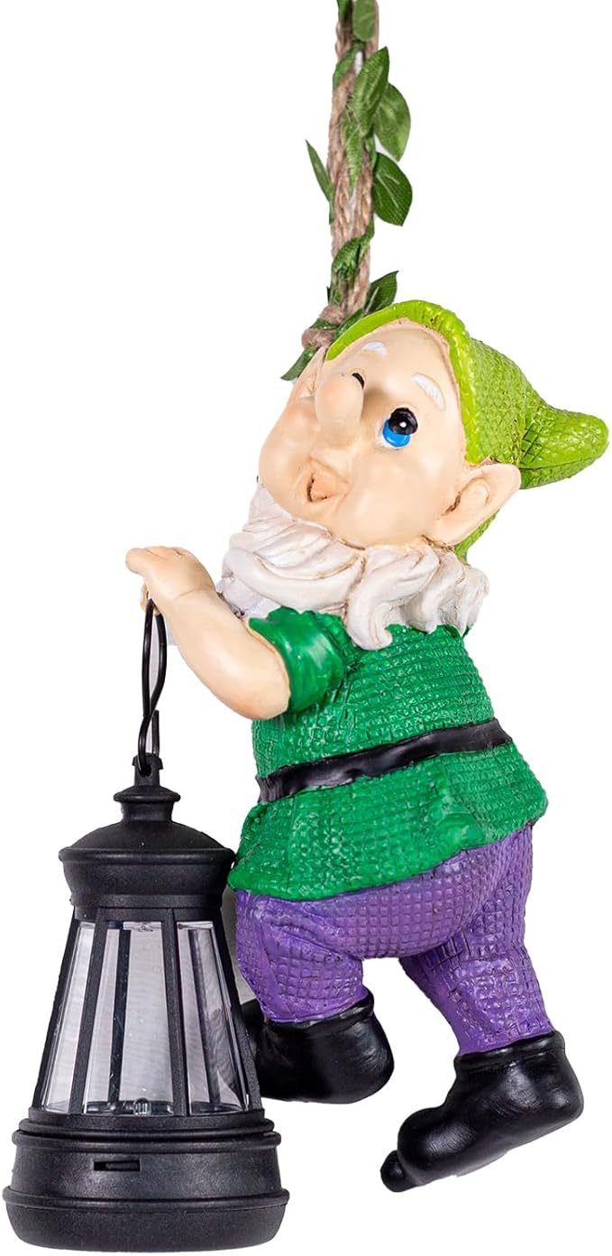 Garden Gnome Solar Lantern Decoration, Green and Purple, Weather-Resistant Resin, Hanging Style, Solar Powered, Whimsical Garden Decor, 6.3 Inch Height