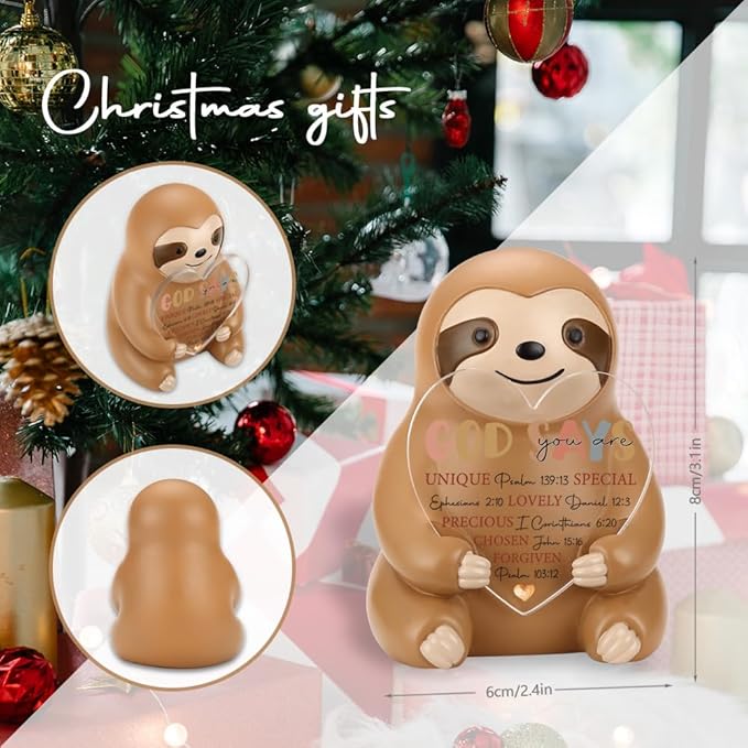 Sloth Figurine Gift with Heart Acrylic Plaque, Christian Affirmation Collectible Figurine, Positive Gifts for Women Sister Friends Family Desk Decor YSS5