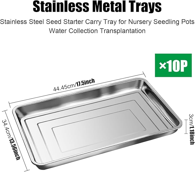 10 Pack Large Stainless Steel Seedling Trays, Heavy Duty Metal Water Catch Trays for Nursery Pots Transplant, Seed Germination & Propagation Flats (17.5 inch×13.56 inch, 1.18" Height)