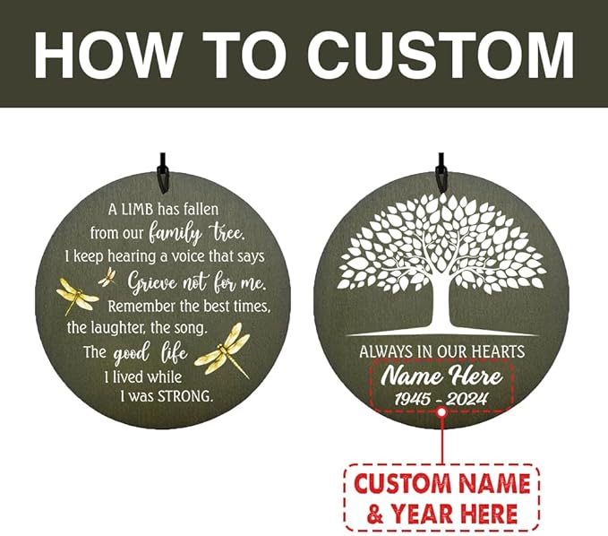 Personalized Wind Chimes, Dragonfly Life Tree Sympathy Wind Chimes, Memorial Gifts for Loss of Loved Ones, in Loving Memory of Dad/Mom, 36inch Wind Chime Outside (Produced in USA)