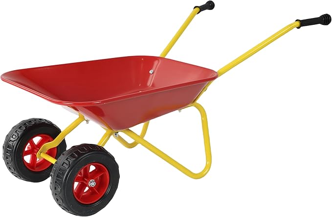 Kids Metal Wheelbarrow Trolley, Two-Wheeled Heavy Duty Utility Cart, Steel Pallet Tray Garden Cart for Children Outdoor Sand Toy Transport
