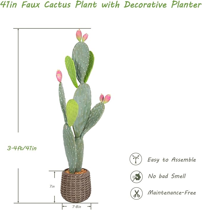 UV-Resistant Tall Faux Cactus in Brown Woven Planter,41" Fake Plant with Realistic Pads & Vibrant Fruits,Artificial Cactus Indoor Outdoor for Home Office Living Room Bedroom Foyer Porch Decor