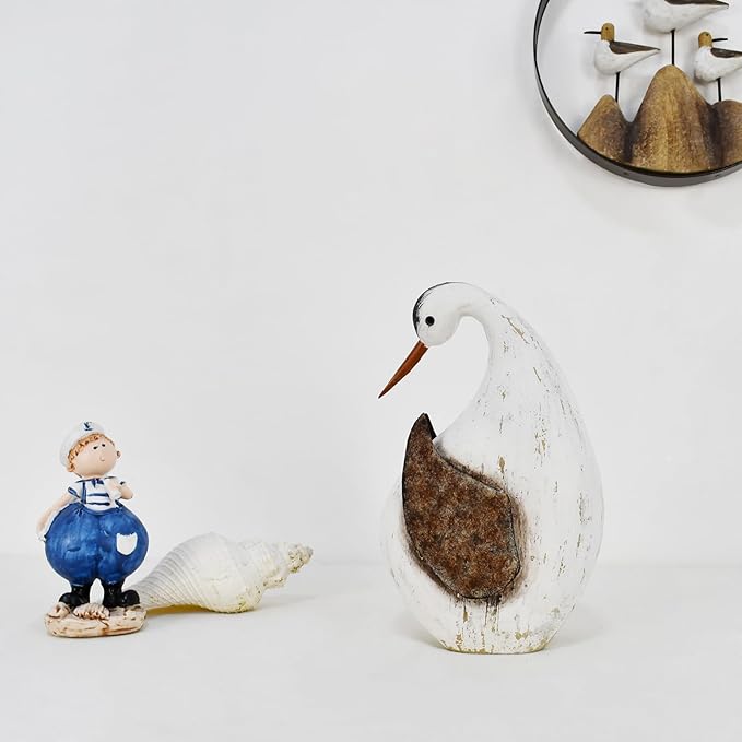 Aecipl Wood Bird Statue Standing Seagull Nautical Decor Coastal Birds Sculpture Indoor Outdoor Animal Figurine Beach Themed Decoration Rustic Home Art for Bedroom Garden (B, L)