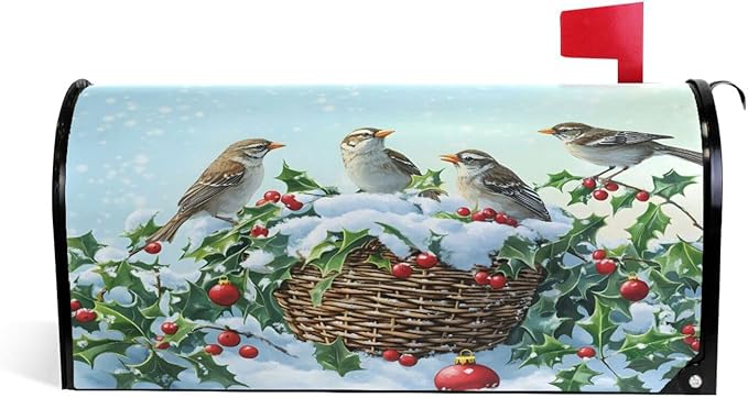 SUABO Mailbox Cover Birds Holly Berry Standard Magnetic Mailbox Covers Wraps for Christmas Home Yard Garden Decor