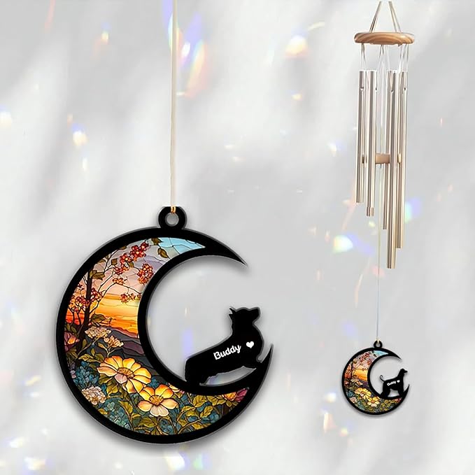 Corgi Sun Catcher Wind Chime, Custom Sunflower Suncatcher Dog Memorial Wind Chime, Dog Loss Gift, Dog Sympathy Gift, Pet Loss Suncatcher, Outdoor Garden Decor