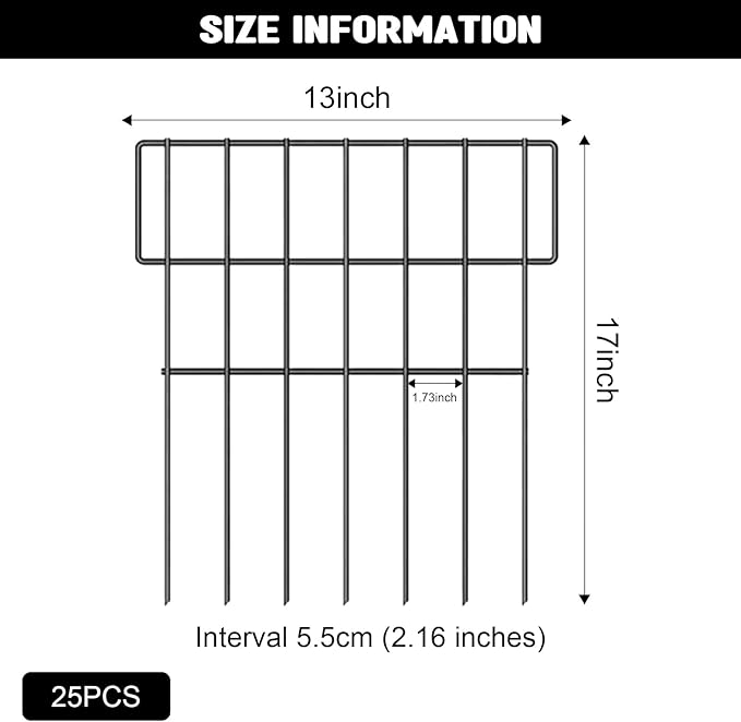 25 Pcs Animal Barrier Wire Fence 17In(H) X 27Ft(L) Rustproof Metal Wire Garden Border Fence 1.73in Gap Metal Small Fence Panels for Dog Rabbits Decorative Garden Patio