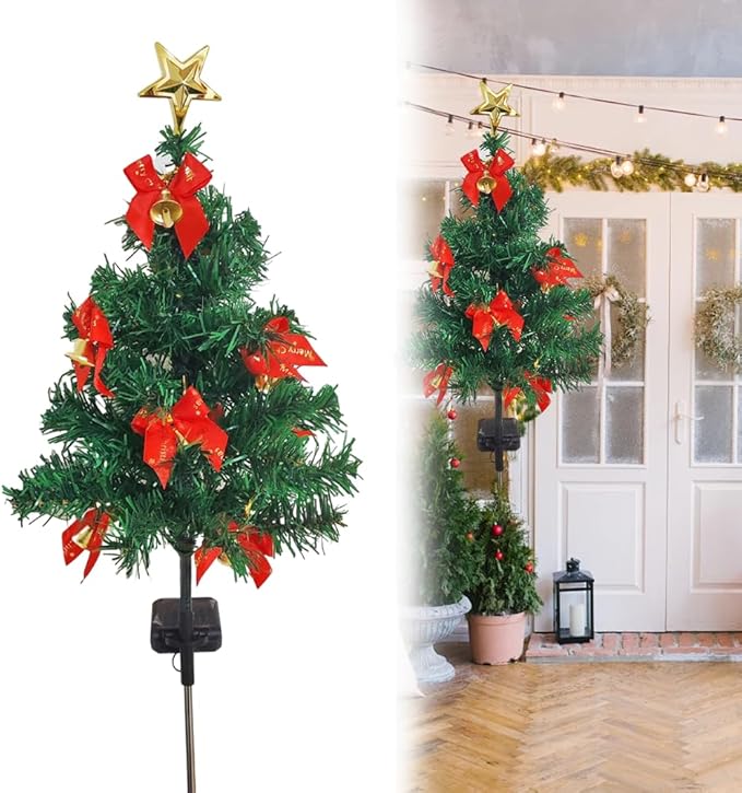 Solar Christmas Tree Lights Holiday Decorations, Outdoor Christmas Tree Waterproof Solar Xmas Garden Stake Lights, Prelit Xmas Trees for Outside Holiday Display Yard (Light+Bow, 1 Pc)
