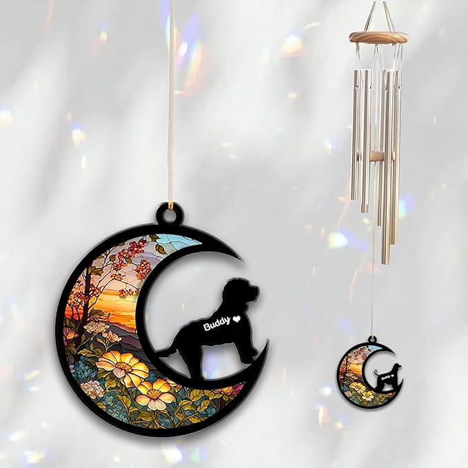 Cockapoo Sun Catcher Wind Chime, Custom Sunflower Suncatcher Dog Memorial Wind Chime, Dog Loss Gift, Dog Sympathy Gift, Pet Loss Suncatcher, Outdoor Garden Decor