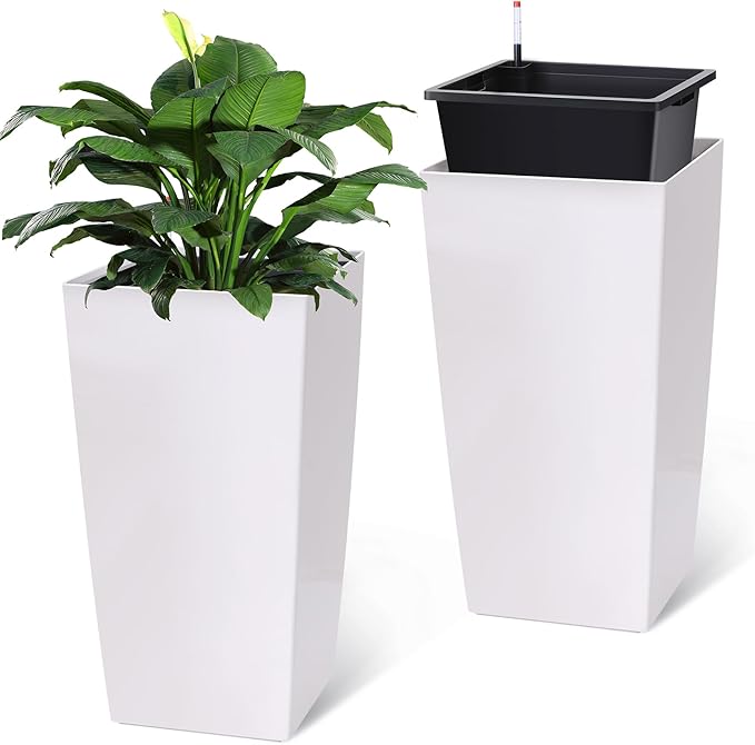 30" Tall Planters for Outdoor Plants, Large Planters Set of 2, Indoor Plant Pots, Boxes, Flower Pots, Modern Design, Built-in Drainage, Front Porch Decor White