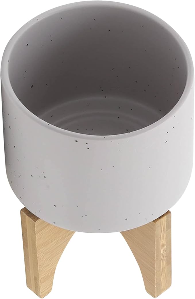 Sagebrook Home Ceramic Planter with Wooden Stand - Modern Stoneware Pot for Indoor & Outdoor Plants - Decorative Round Flower Pot for Home & Garden - 7" Ivory