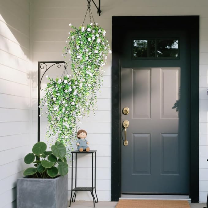 Artificial Hanging Flowers, 3 Pcs Fake Hanging Plants Decor, Artificial Vines for Outdoors, UV Resistant No Fade Artificial Fake Hanging for Indoor Decoration Outdoor Porch Courtyard (White)