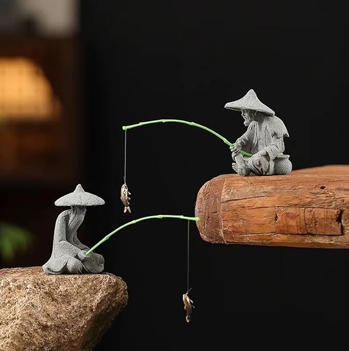 livelyfish Mini Fisherman Statue Asian Zen Decoration Sitting Fishing Figurines Sandstone Vintage Ornament for Aquarium Fish Tank Pot Garden Home Japanese Decor (C2)
