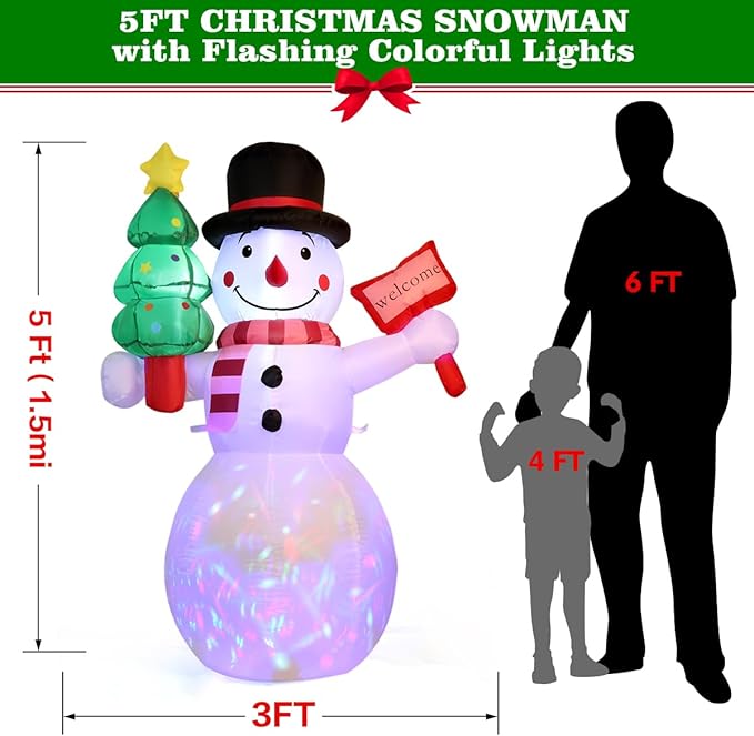 5Ft Christmas Inflatables Outdoor Decorations, Christmas Blow up Snowman with LED Lights, Winter Outside Decor for Holiday Party Yard Patio Garden Lawn, Xmas Tree