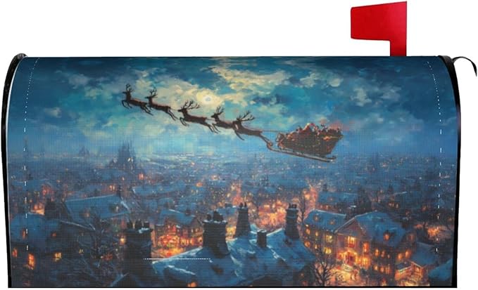 Winter Christmas Santa Sleigh Mailbox Covers Magnetic Letterbox Covers 21x18 Inch for Garden Outdoor Decoration