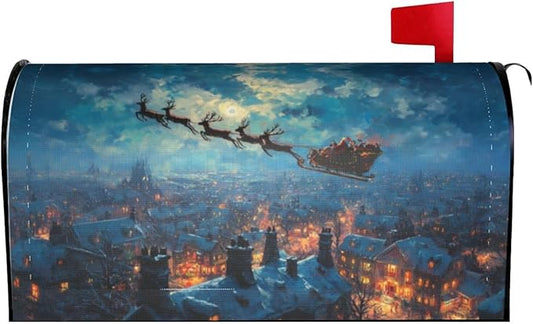 Winter Christmas Santa Sleigh Mailbox Covers Magnetic Letterbox Covers 21x18 Inch for Garden Outdoor Decoration