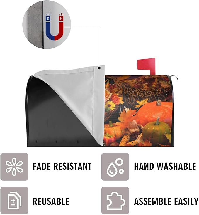 Thanksgiving Bounty Cornucopia Mailbox Cover, Autumn Fall Pumpkin Waterproof Magnetic Letter Box Cover, Standard Size Sunflower Mail Wraps Post Garden Decorations 21" Lx 18" W