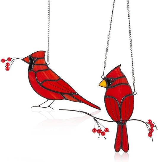 Soaoo 2 Pcs Red Cardinal Gifts for Women Stained Glass Christmas Birds Suncatcher Window Hanging Ornament Loss of Loved One Memorial Gifts for Mom Grandma Nana Housewarming