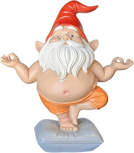 Zen Yoga Gnome Statue – Handcrafted Resin Meditation Gnome on Pillow, Tree Pose, Relaxed Expression – Weatherproof Indoor Outdoor Garden Decor, Unique Gift for Yoga & Meditation Lovers