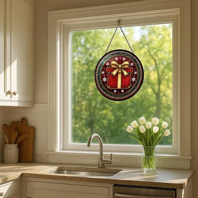 Stained Glass Window Hanging – 11.8 in Panel with Chain， Bathroom Front Door Living Room Garden Decor， Holiday Present for Mom Wife Lovers