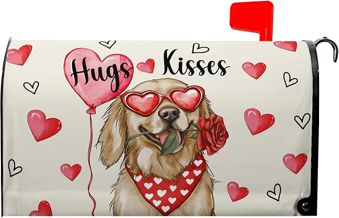 Valentine Mailbox Covers Magnetic Pink Love Heart Mailbox Cover Standard Size 21x18 Inch Golden Retriever Decorative Mailboxes for Outside Garden Yard